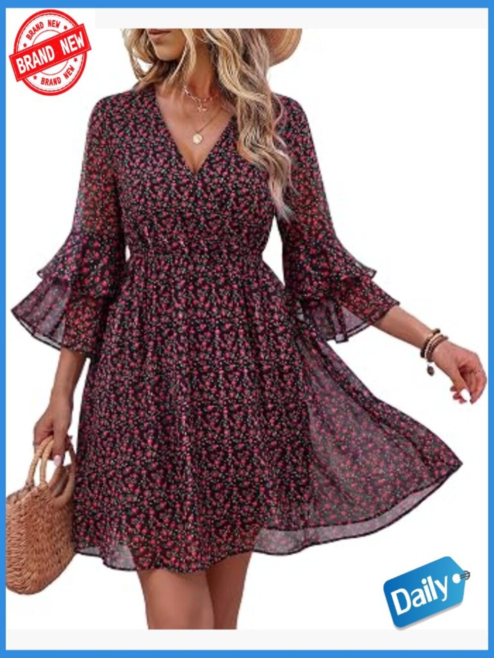 3/4 Ruffle Sleeve V Neck Flowy A-Line Chiffon Midi Dress